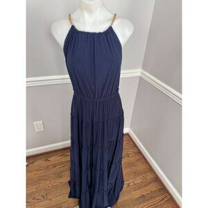 T Bags Tbags Los Angeles Gold Rope Tiered Jersey Maxi Dress Navy Blue Size M
